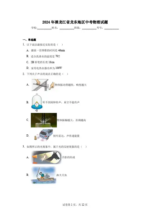 【中考真题】2024年黑龙江省龙东地区中考物理试卷(附答案)