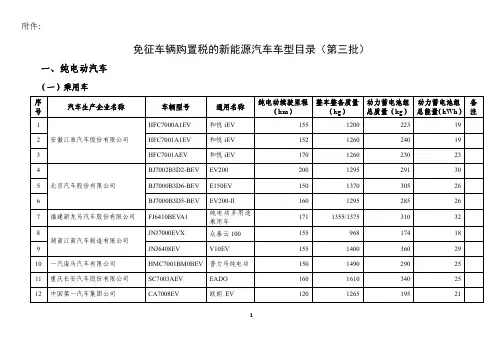 免征车辆购置税的新能源汽车车型目录(第三批)