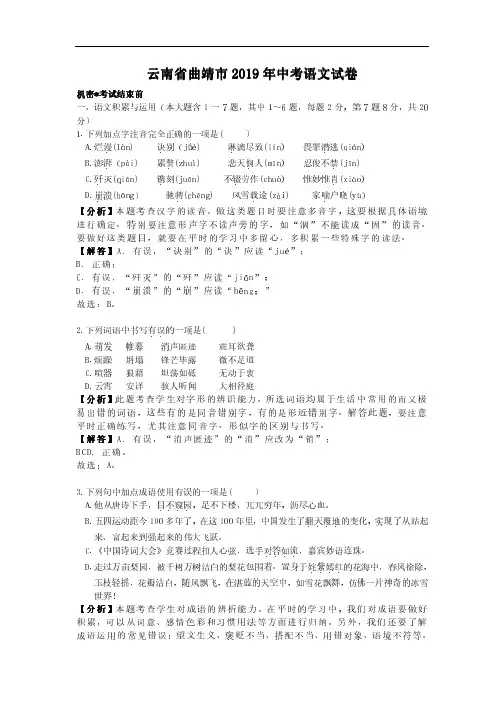 2019年云南省曲靖市中考语文试题(含解析)