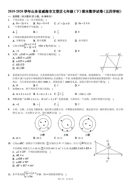 2019-2020学年山东省威海市文登区七年级(下)期末数学试卷(五四学制)