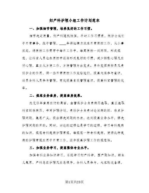 妇产科护理小组工作计划范本(五篇)