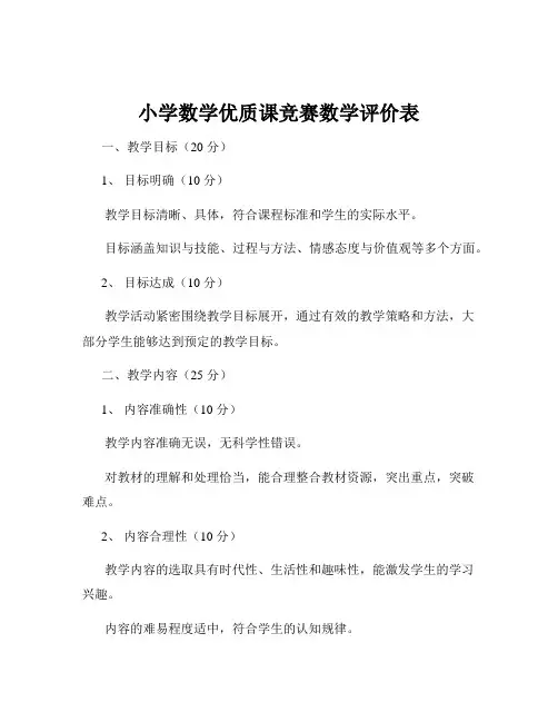 小学数学优质课竞赛数学评价表