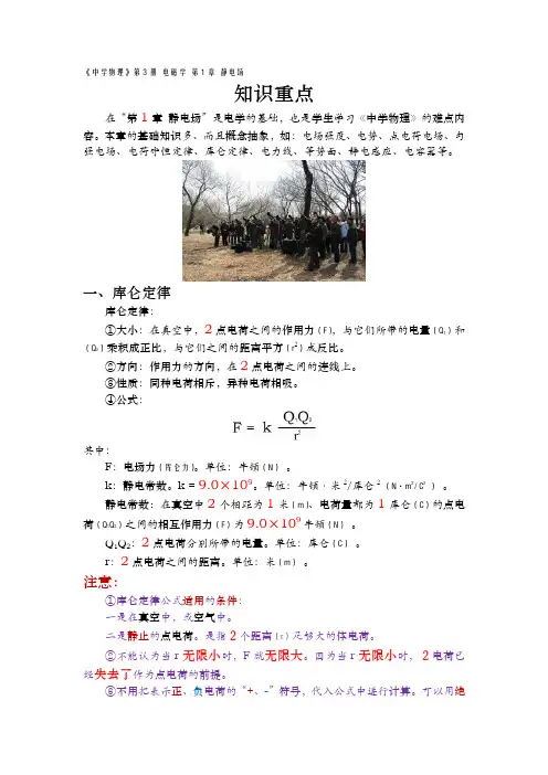 《中学物理》第3册 电磁学 第1章 静电场—知识重点