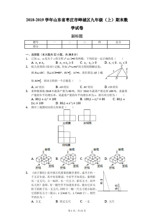 2018-2019学年山东省枣庄市峄城区九年级(上)期末数学试卷-普通用卷
