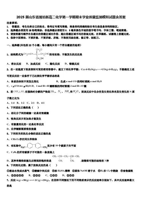 2025届山东省潍坊新高二化学第一学期期末学业质量监测模拟试题含答案