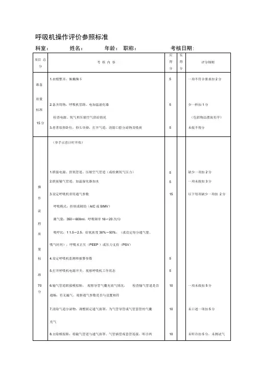 呼吸机操作评价参照标准