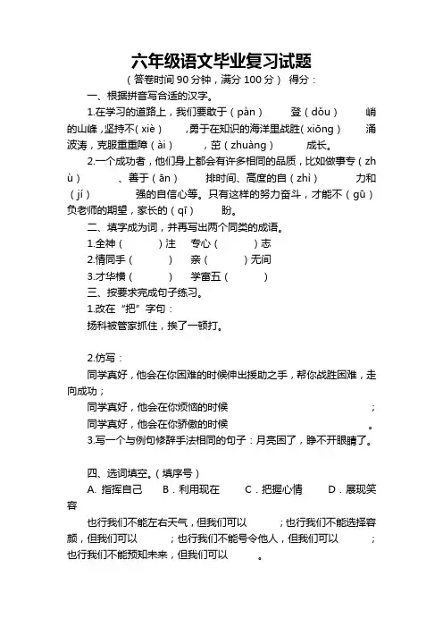 六年级语文毕业复习试题