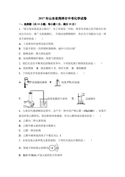 (可修改可打印)【中考真题】2017年山东省菏泽市中考化学试卷(解析版)