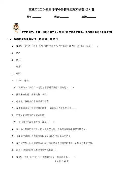 三亚市2020-2021学年小升初语文期末试卷(I)卷(模拟)