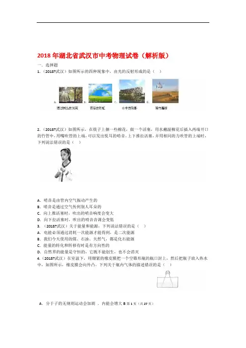 2018年湖北省武汉市中考物理试卷解析版