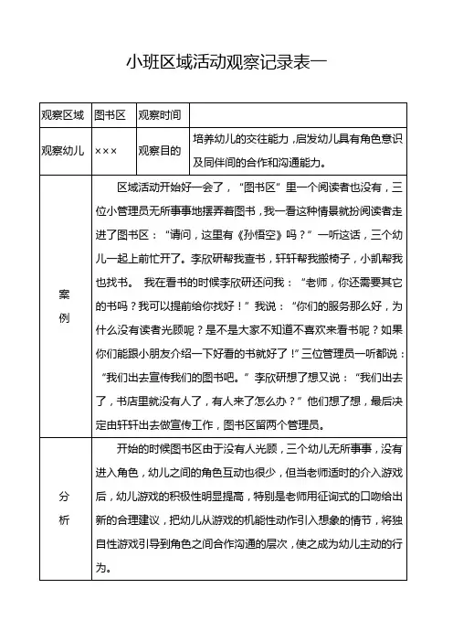 幼儿园小班区域活动观察记录表7篇