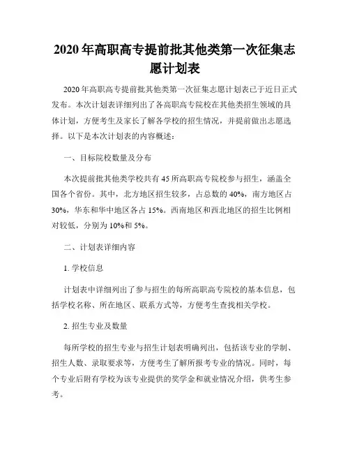 2020年高职高专提前批其他类第一次征集志愿计划表