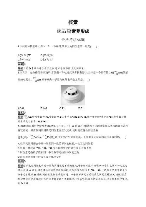 高中化学(新人教版)必修第一册课后习题：核素(课后习题)【含答案及解析】
