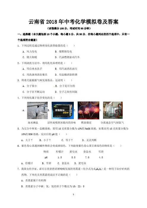 云南省2018年中考化学模拟卷及答案