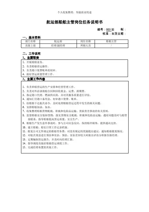 某公司航运部船舶主管岗位说明书(4页)