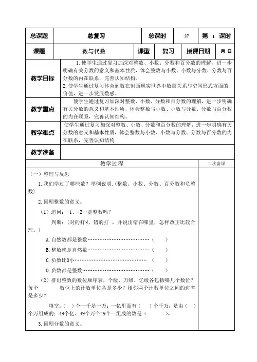 苏教版六年级数学下册全册教案总复习