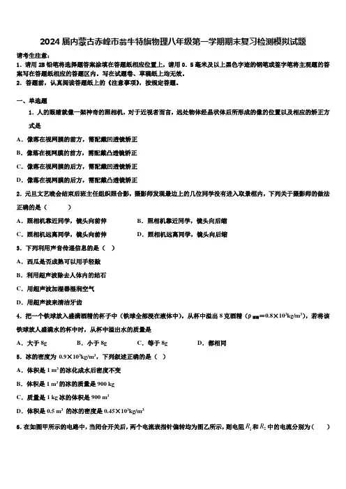 2024届内蒙古赤峰市翁牛特旗物理八年级第一学期期末复习检测模拟试题含解析