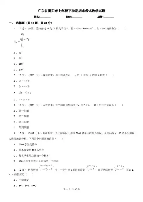 广东省揭阳市七年级下学期期末考试数学试题