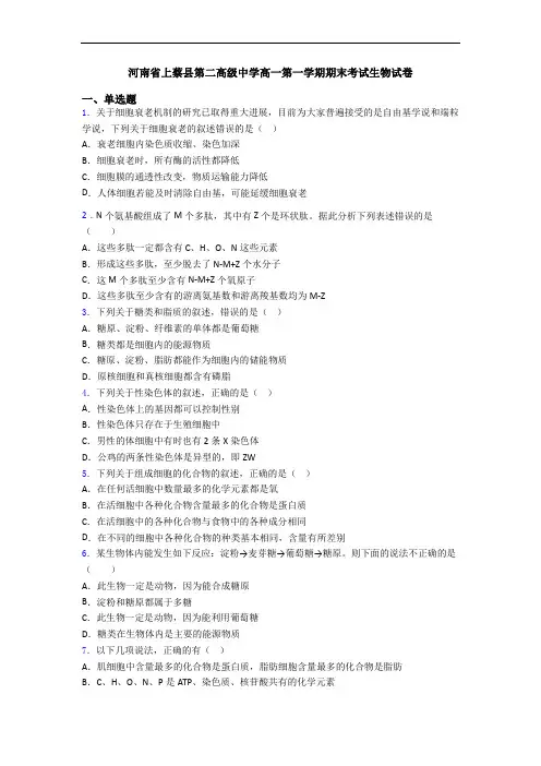 河南省上蔡县第二高级中学高一第一学期期末考试生物试卷