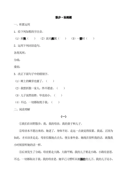 初中语文七年级上册散步 检测题 附加答案