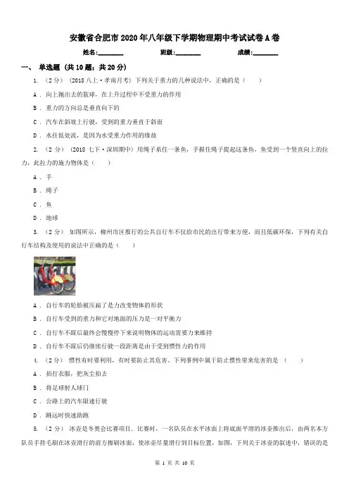 安徽省合肥市2020年八年级下学期物理期中考试试卷A卷