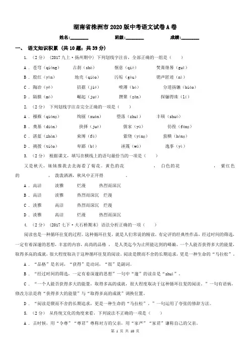 湖南省株洲市2020版中考语文试卷A卷