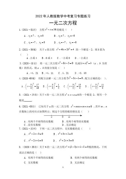 2022年人教版数学中考复习专题练习一元二次方程