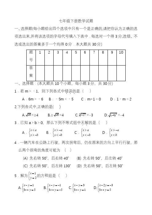 2020—2021年人教版初中数学七年级下册期末模拟试卷及答案解析39(精品提分试题).docx