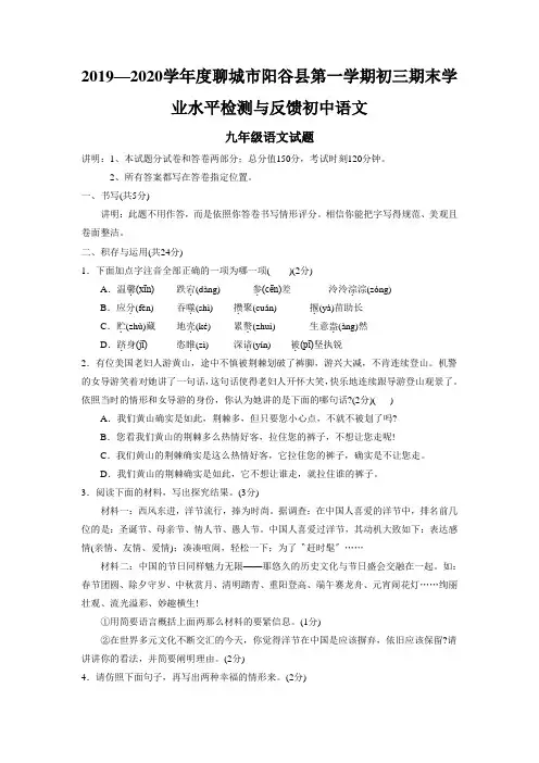2019—2020学年度聊城市阳谷县第一学期初三期末学业水平检测与反馈初中语文