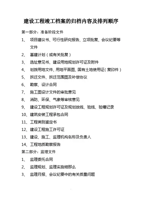 建设工程竣工档案的归档内容及排列顺序