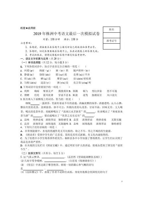 2019年株洲中考语文最后一次模拟试卷(有答案)