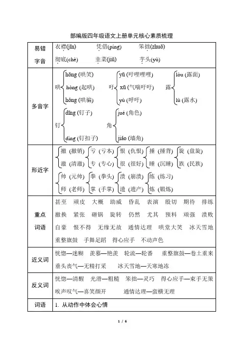 部编版四年级语文上册第六单元核心素质梳理