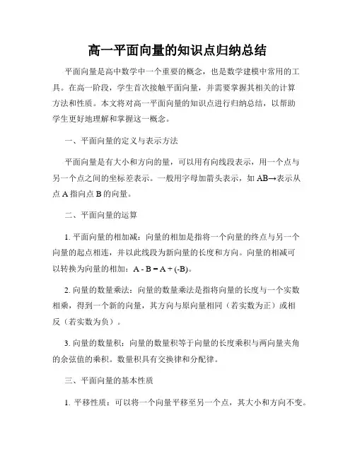 高一平面向量的知识点归纳总结