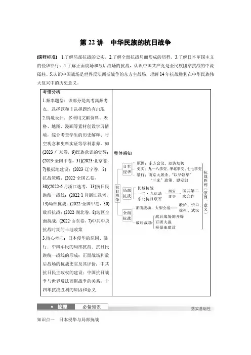 2025年高考历史一轮复习板块二第八单元第22讲中华民族的抗日战争(1)