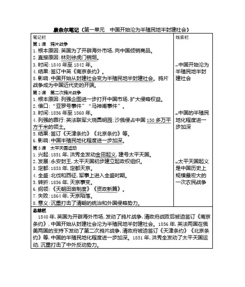 最新八年级上册历史02第一单元康奈尔笔记