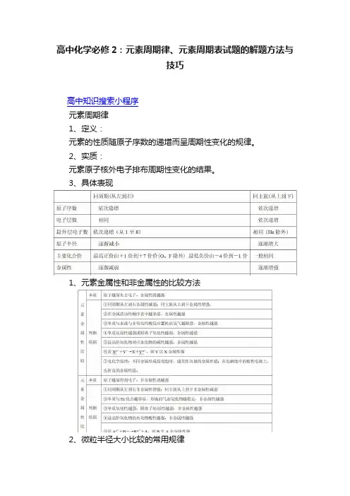 高中化学必修2：元素周期律、元素周期表试题的解题方法与技巧