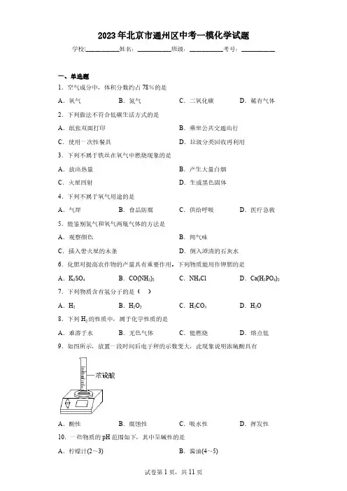 2023年北京市通州区中考一模化学试题(含解析)