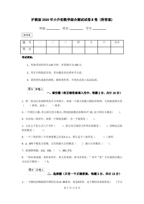沪教版2020年小升初数学综合测试试卷B卷 (附答案)
