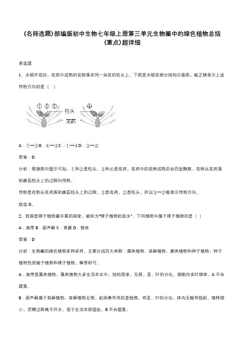 部编版初中生物七年级上册第三单元生物圈中的绿色植物总结(重点)超详细