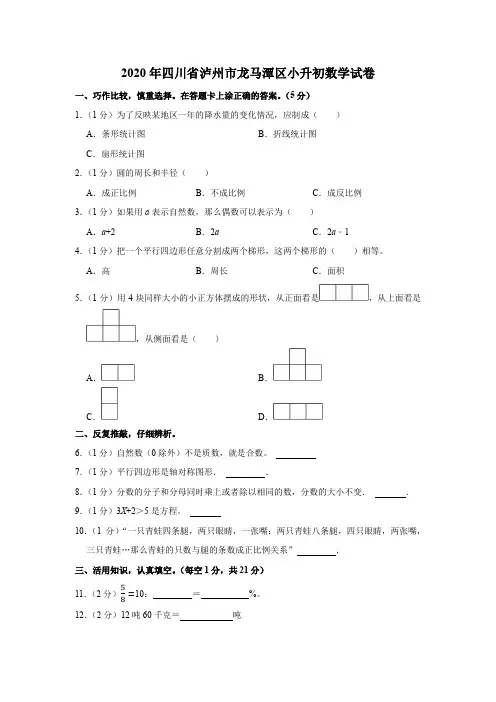 2020年四川省泸州市龙马潭区小升初数学试卷(含答案)