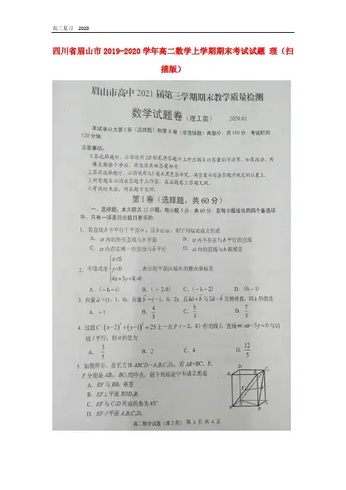 四川省眉山市2019-2020学年高二数学上学期期末考试试题理扫描版