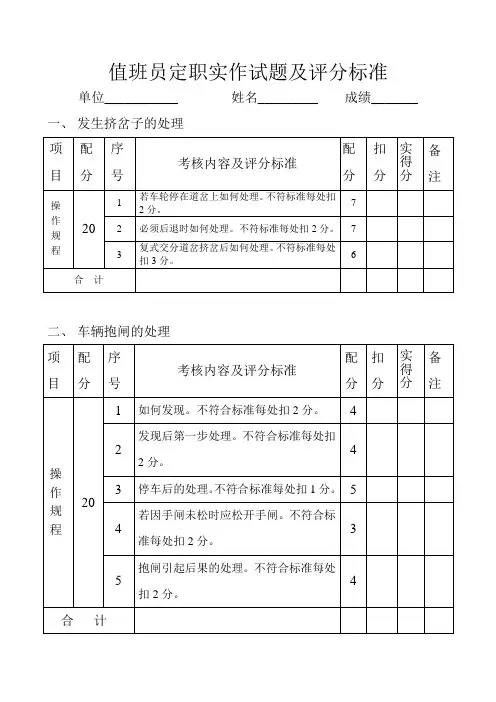 中级值班员实作试题及评分标准