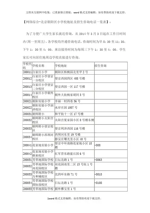 北京朝阳区小学校地址和招生咨询电话一览表