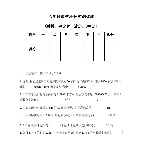 2020数学小升初复习：人教版6年级(下)数学小升初练习卷(含答案)