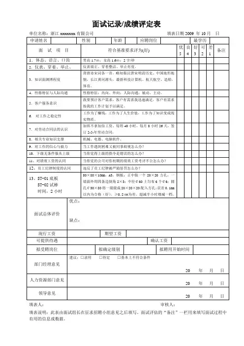 面试成绩评定表