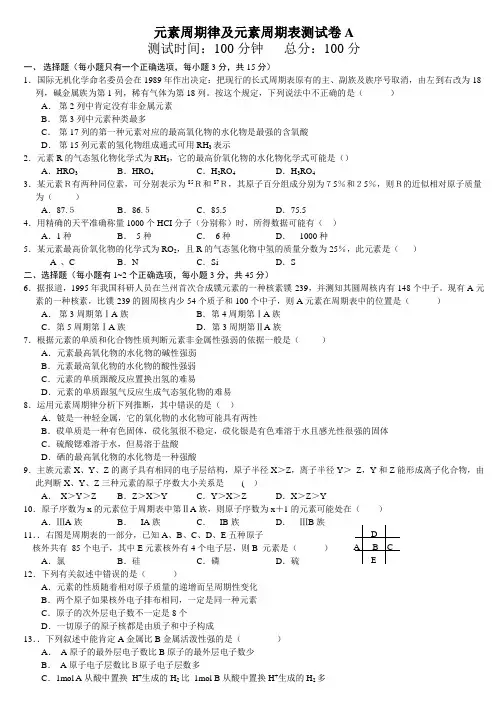 元素周期律元素周期表测试题A