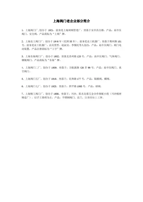 上海阀门老企业部分简介