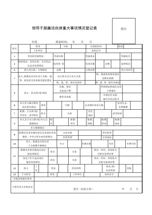 领导干部廉洁自律重大事项情况登记表