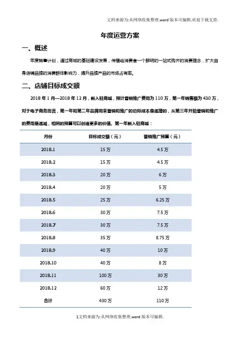 2018天猫商城年度运营计划-天猫店铺全年运营规划-电子商务项目年度经营计划