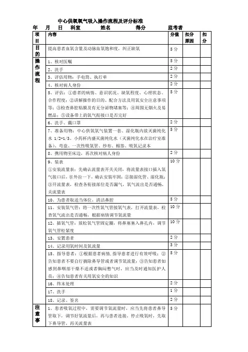 氧气吸入(中心供氧)操作流程及评分标准
